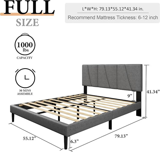 Sismplly Full Size Platform Bed Frame with Upholstered Headboard, Wooden Slats Support, Noise Free, No Box Spring Needed, Easy Assembly, Dark Grey, Linen