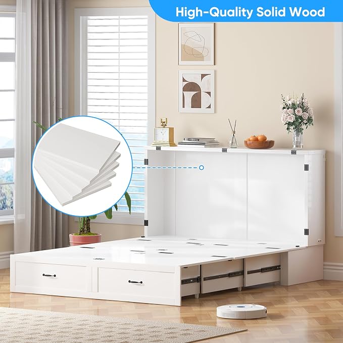 PUREMIND Queen Murphy Bed Cabinet, Multi-Functional Hideaway Cabinet Bed with Storage Drawer, USB Charging Ports and Folding Bedside Panel, Space Saving Chest Beds Wallbed for Guest Room, No Mattress