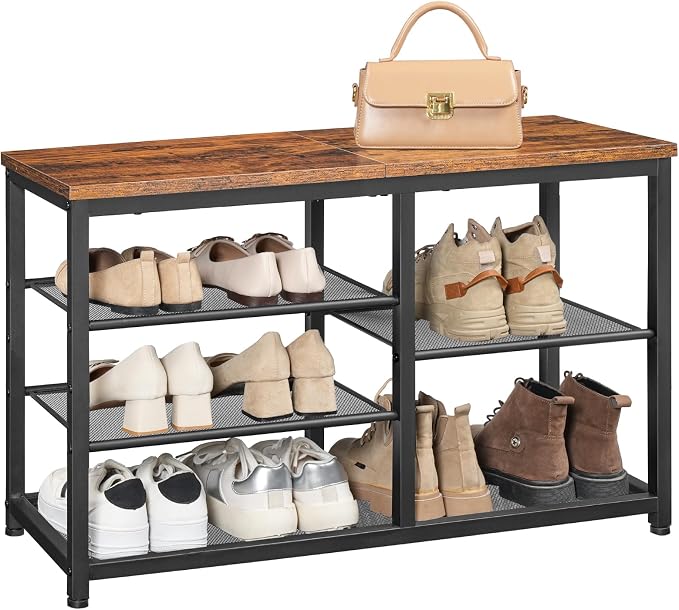 HOOBRO Shoe Bench, 5-Tier Shoe Rack Bench with Mesh Shelves, Shoe Organizer, Industrial Shoe Storage Bench for Entryway, Easy Assembly, 11 x 31.5 x 19.7 Inches, Rustic Brown and Black BF36HX01