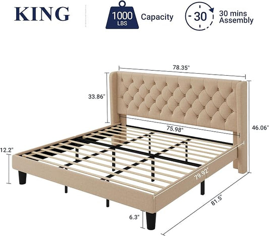Allewie King Size Bed Frame with Button Tufted Wingback Headboard, Modern Upholstered Bed Frame with Solid Wooden Slats Support - No Box Spring Needed, Easy Assembly, Beige
