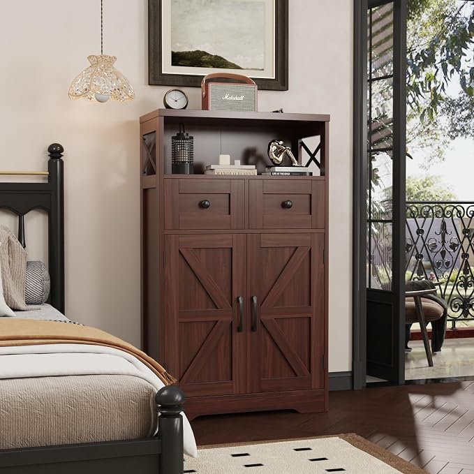 Befrases Dark Brown Storage Cabinet with Drawers and Shelves, Standing Kitchen Pantry Cabinet, Floor Storage Cabinet Hutch Cupboard, Coffee Bar Station for Dining Living Room Home Office