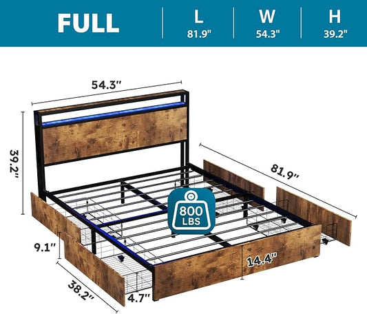 Kiivakii Full Size Bed Frame with Headboard, LED Platform Bed Frames with 4 Storage Drawers, Built in Charging Station, Noise Free, Stable and Solid, No Box Spring Needed, Rustic Brown