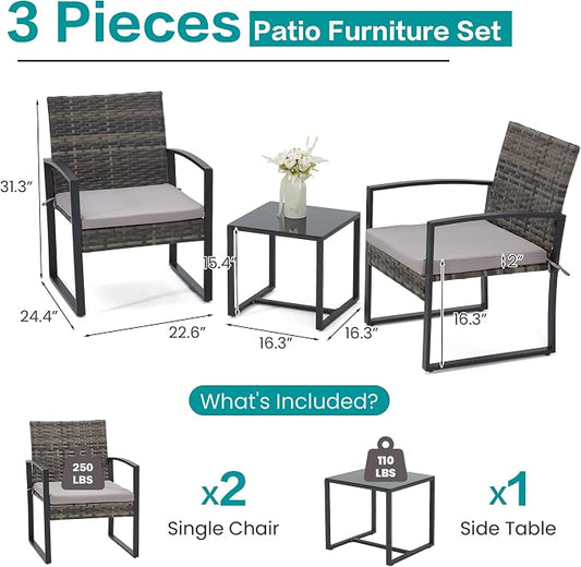 Bezseller 3 Pieces Patio Furniture Set, Outdoor Rattan Bistro Set with Coffee Table, Durable Steel Frame with Strapped Cushions for Garden, Balcony, Poolside, Backyard
