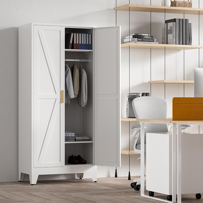 Washsemba 71'' Farmhouse Metal Wardrobe Cabinet with Hanging Rod, 2 Barn Door Wardrobe Closet with 2 Adjustable Shelves,for Dining Room,Bedroom,Living Room, Cloak Room,Office (White)