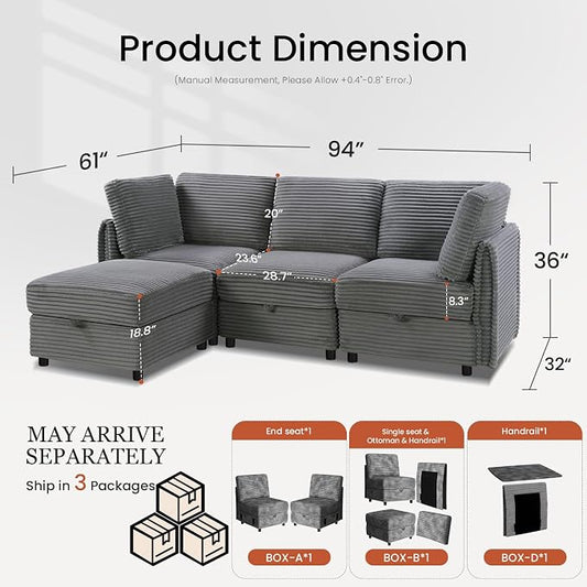 KKL Modular Sectional Sofa L-Shaped 4 Seater Couch with Storage Ottoman, Plush Wide-Wale Corduroy Couch for Living Room, Apartment, Modern Design, Gray