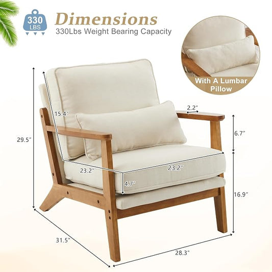 VINGLI Solid Wood Wide Armrests Accent Chair Set of 2,Upholstered Mid Century Modern Chair with Pillow,Farmhouse Arm Chair Comfy Reading Chair,Chairs Living Room,Bedroom,Guest Room,Linen Fabric,Beige