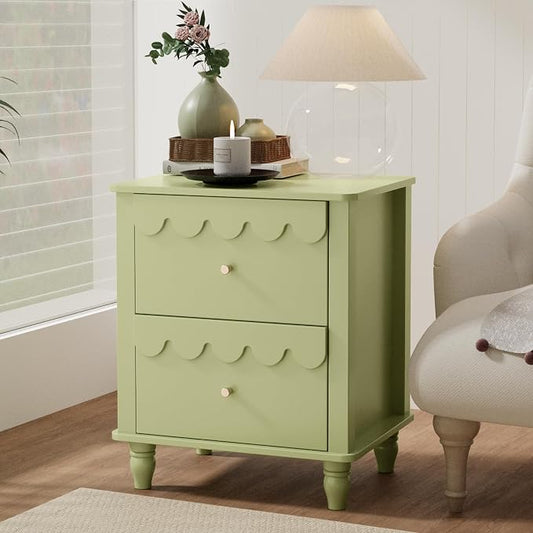 Anbuy Green Nightstand Set of 2 with Petal Pattern, Modern Night Stand Set 2 with 2 Drawers for Bedroom, Side End Table Scalloped Bedside Night Tables with Solid Wood Legs