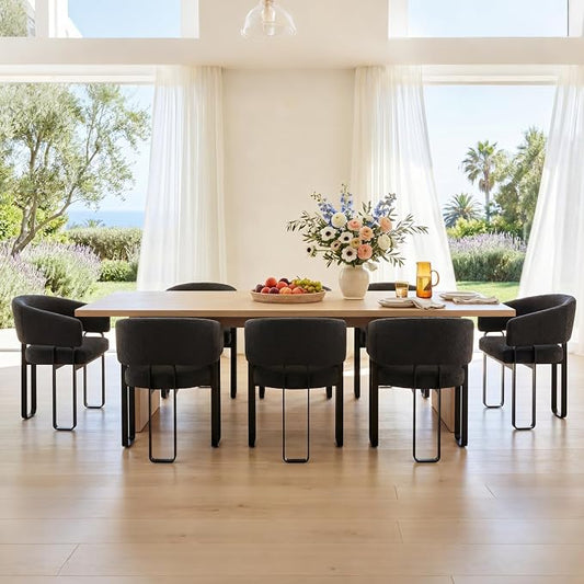 Modern Barrel Dining Chair, Black Boucle Kitchen Chair with U-Shaped Stainless Steel Legs, Armchair with Open Back for Living Room Bedroom Makeup Room, Set of 8