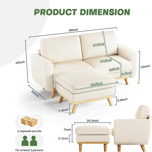 Vesgantti 68" Loveseat Sofa with Movable Ottoman, Comfy Corduroy Couch with Spring Cushion, Sofa Couch with Solid Wood, Modern Office Sofa with Deep Seat for Living Room and Bedroom, Beige