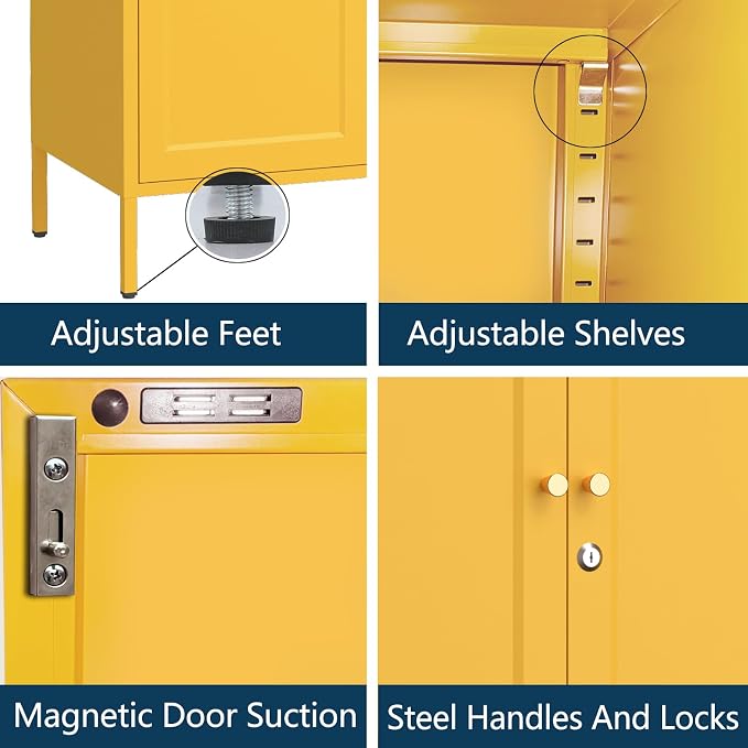 Accent Cabinet Locker, Square Storage Cabinet 36 Inch High, Freestanding Metal Storage Cabinet with 2 Doors and 2 Adjustable Shelves, Multifunctional Cabinet for Home, Hallway and Office Yellow