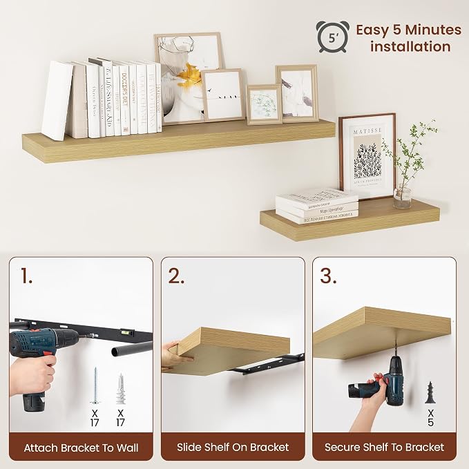 Vivelove 12 Inch Deep Floating Shelves 30 inch Long, 2 Inch Thick Wall Shelves with Invisible Brackets, Shelf for Bedroom Bathroom Living Room Kitchen Office Home Decor, Modern Shelf Set of 2, Oak