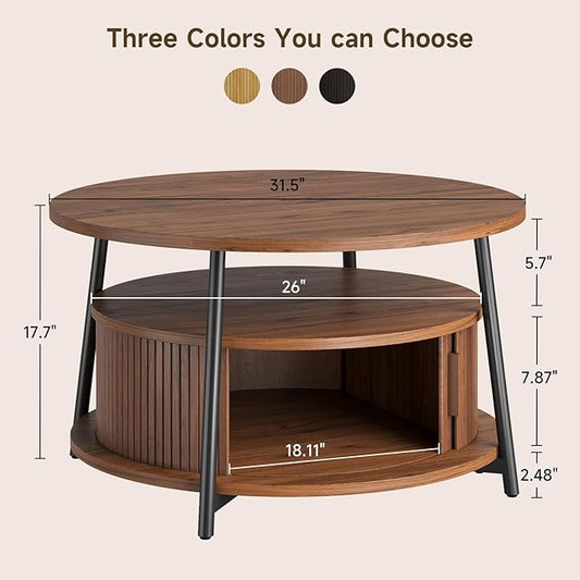 31.5 Inch Round Coffee Table with Storage, Fluted Coffee Tables with 2 Tiers, Mid-Century Modern Center Table with 2 Sliding Doors and Adjustable Footpad for Living Room, Walnut