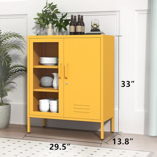Lockable Metal Storage Locker Adjustable Shelves, 33" H 2-Door Storage Cabinets Durable Metal Sideboard Cabinet for Home Office Living Room Bedroom Yellow