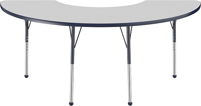 FDP Half Moon Activity School and Office Table (36 x 72 inch), Standard Legs with Ball Glides for Collaborative Seating Environments, Adjustable Height 19-30 inches - Gray Top and Navy Edge