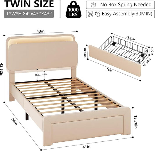 Feonase Twin Upholstered Bed Frame with Storage Drawers and Headboard, Built-in Charging Station, Velvet Platform LED Bed with Solid Wood Slat Support, No Box Spring Needed, for Girls and Kids, Beige