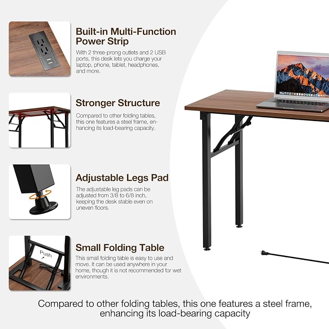 TEMI Small Computer Desk Folding Table - No Assembly, Compact 43.3" Foldable Desk with Power Outlets & USB Charging Port, Portable Small Office Desk, Ideal Mini Study Table for Narrow Spaces, Walunt