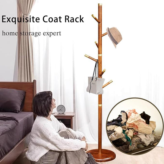 Wooden Coat Rack Freestanding, Hall Tree Hanger With Resin Hooks, Adjustable Heavy Duty Coat Rack for Hanging Clothes Bags Hats in Living Room Bedroom (coat rack, Simple Hook)