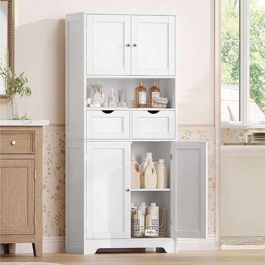 Iwell Tall Storage Cabinet with Adjustable Shelf & 2 Drawers, Kitchen Pantry Cabinet, Pantry Cabinets with 4 Doors, Tall Cabinets for Living Room, Kitchen, Bathroom, White