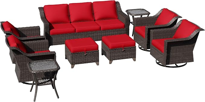 9 Pieces Patio Conversation Furniture Set - 1 Sofa, 2 Ottomans, 4 Swivel Chairs, 2 Side Tables, Outdoor Wicker Furniture with Removable Cushions for Porch, Balcony, Sunroom (Red)