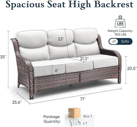 Belord Luxury 6" Thick Cushioned PE Wicker 3-Seater Outdoor Couch, All-Weather Comfortable Modern Patio Sofa, High Back Deep Seat Woven Outdoor Furniture for Porch Balcony, Lawn, Deck - BrownBeige