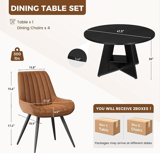 Miereirl 47.3 Inch Round Dining Table Set for 4, Round Kitchen Table with Chairs, Space Saving Dining Room Table Set with Storage Shelf for Apartment Kitchen Dining Room, Black Table+4 Brown Chairs