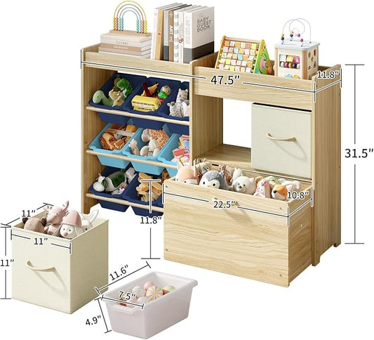EXPERLAM Toy Storage Organizer for Kids, 9-Bin Toy Organizer with 2-Drawers,Movable Toy Chest and Top Rack, Kids Bookshelf and Toy Storage for Playroom, Bedroom, Nursery, Blue