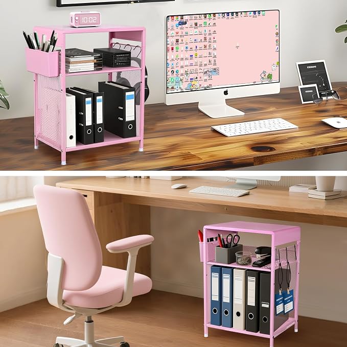Pink Small Nightstand, Kids Nightstand for Bedroom, End Table with Hooks and Holder, Toddler Bedside Table for Girls, Desk Organizer for Office, Dorm (Pink)