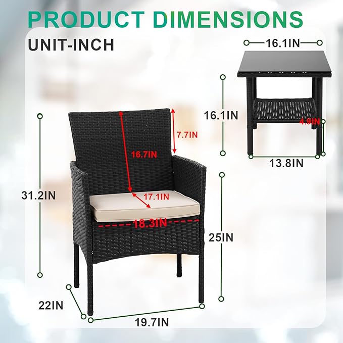 FDW 3 Pieces Patio Furniture Set Outdoor Wicker Bistro Sets Modern Rattan Chair Conversation Sets with Coffee Table for Yard Backyard Lawn Porch Poolside Balcony,Khaki Cushion