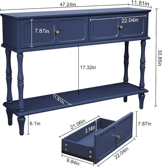 ARTPOWER Console Table with Drawers for Entryway, Mid-Century Entryway Table with Storage, Blue Narrow Entryway Table with Open Shelf Behind Sofa for Living Room, Foyer, Hallway