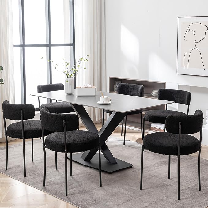 Cinxzar Black Boucle Dining Chairs Set of 6, Upholstered Dining Room Chairs with Black Metal Legs, Round Modern Dining Chair for Dining Room, Kitchen