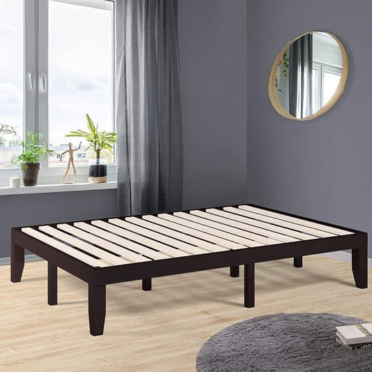 COSTWAY Full Size Wood Platform Bed Frame, 14 Inches Solid Rubber Wood Bed Mattress Foundation with Sturdy Slats Support, Easy Assembly Bed Frame for Home Hotel, No Box Spring Needed (Espresso, Full)