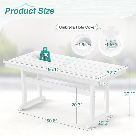 Rectangle Outdoor Dining Tables for 6, HDPS Weather Resistant Patio Dining Table, 66" Outdoor Tables with 1.96" Umbrella Hole for Porch, Balcony, Backyard, White