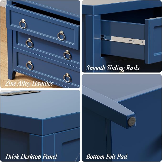Huuger 23.6 Inch Night Stand with Charger Station and USB-C Port, 3 Drawer Nightstands Set of 2, Larger Wider Bedside Table, Modern End Table, for Bedroom, Blue Nightstand