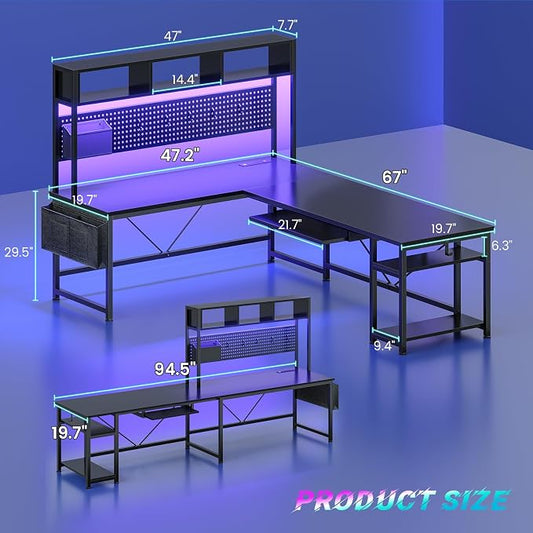 SEDETA L Shaped Gaming Desk, Reversible Computer Desk with Power Outlet and Pegboard, Gaming Desk with Led Lights, Keyboard Tray and Storage Bag for Home Office, Black