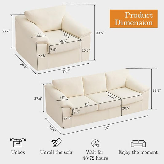 Boneless Couch Sets, Modern 3 Seater Sofa with 2 Accent Chairs, Floor Cloud Couch Sets with Extra Comfy Soft Deep Seats for Living Room, Apartment, No Assemby, Set of 3, Beige
