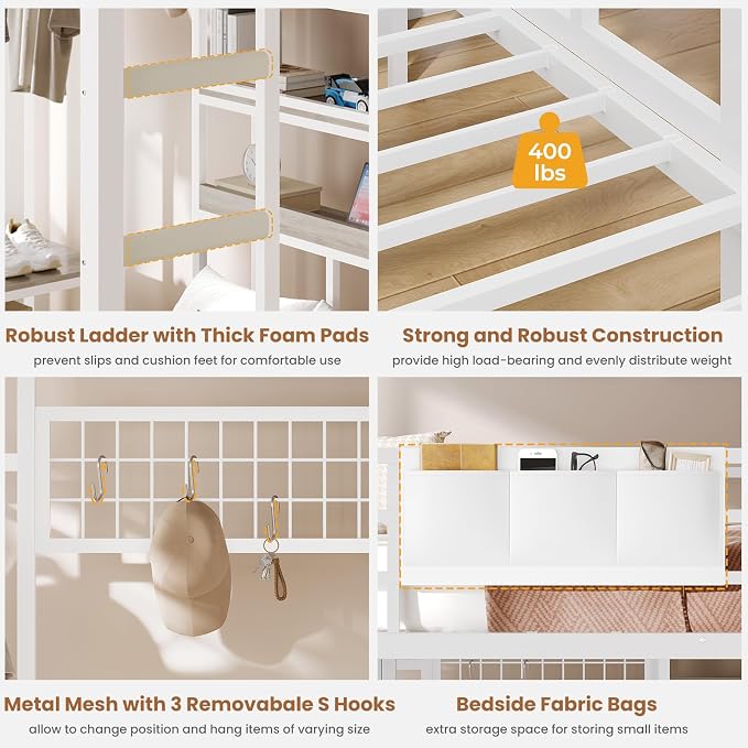 VIAGDO Bunk Bed Twin Over Twin with 5 Storage Drawers, Twin Bunk Beds with Charging Station and Lights, L-Shaped Metal Bunk Bed with Shelves, Bedside Pocket, Guardrail & Ladder for Kids, Teens, White