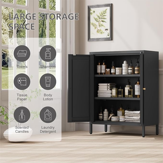 Metal Bathroom Cabinet, Small Floor Storage Cabinet, Freestanding Sideboard with 2 Adjustable Shelves for Living Room, Dining Room