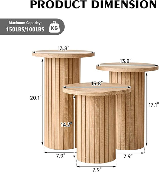 Round Side Tables Set of 3, Circle Modern Fluted Nesting Coffee Table, Accent End Table Set for Living Room and Bedroom, Natural