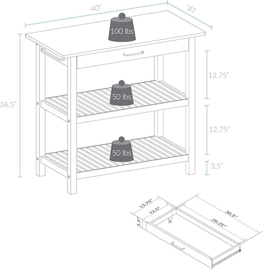 Casual Home Kitchen Island with Solid American Hardwood Top, Natural/White, 40" W (373-91)