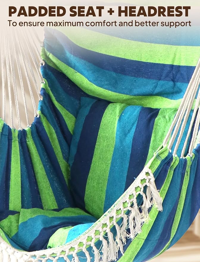 Chihee Hammock Chair Hanging Swing 2 Pillows Included,Strong Webbing Straps and Hooks for Easy Hanging Soft Cotton Hanging Chair Side Pocket Tassel Chair Comfort Indoor Outdoor Blue Green