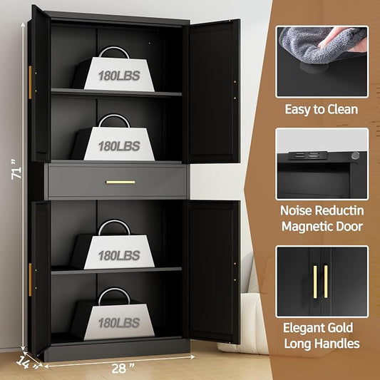 71” Tall Kitchen Pantry Cabinet, Metal Storage Cabinet with 1 Drawer and 2 Adjustable Shelves for Kitchen, Living Room, Laundry Room