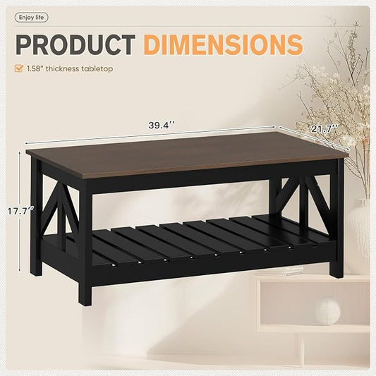 YESHOMY Farmhouse Coffee Table, Coffee Tables for Living Room, Farmhouse Square Coffee Table with Storage, Couch Table, Small Tables for Small Spaces, Brown and Black