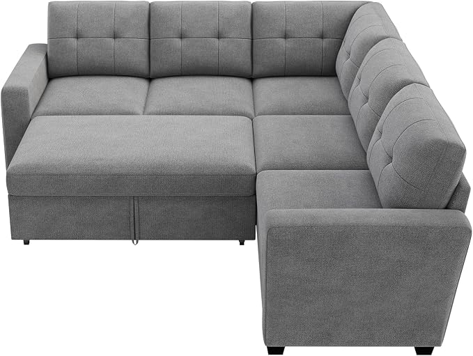 HONBAY 83.4 Inch U-Shaped Sectional Sleeper Sofa with Pull-Out Bed, 5-Seater Sectional Sofa for Living Room, Pet-Resistant Fabric Couch, Grey