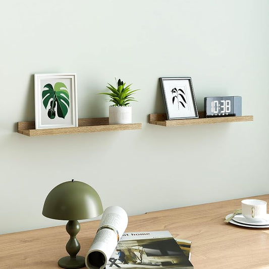 Floating Shelves for Wall Decor, Wall Mounted Wood Storage Shelf for Bedroom, Living Room, Bathroom, Kitchen, Nursery, Display Picture Ledge Shelf with Lip Set of 2-16 Inches, Oak
