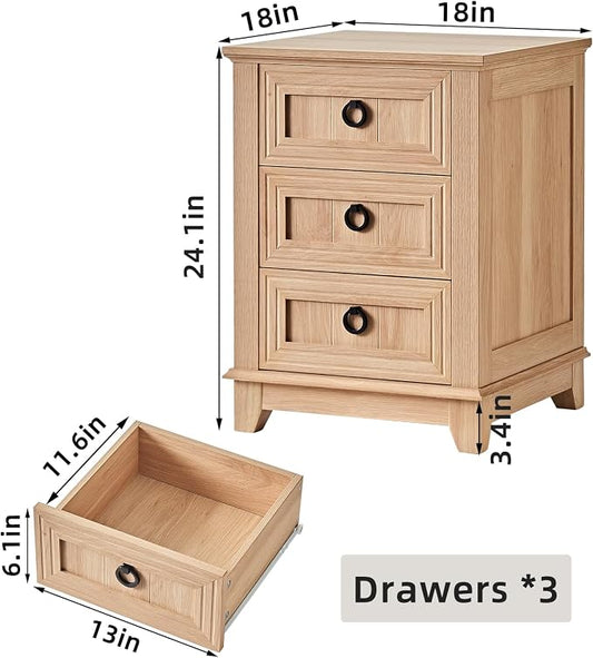 Joaxswe 18" Farmhouse Night Stand with 3 Drawers, Wood End Table for Bedroom, Natural Wood Nightstand, Bed Side Table with Metal Handle, Bedside Cabinet for Bedroom Living Room