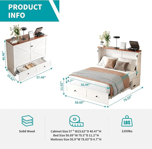 BALUS Queen Size Murphy Bed, 64" W Cabinet Bed with USB Charging Station & Storage Drawer, Queen Cabinet Beds for Living Room, Apartment, Home Office, Bedroom, White-Brown