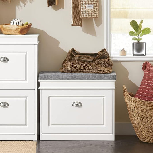 SoBuy Tiny Shoe Storage Bench, Narrow Shoe Cabinet for Entryway, Small Shoe Rack with Cushion&2 Tiers Flip-Drawer, Closet Hallway Mudroom White FSR82-K-W
