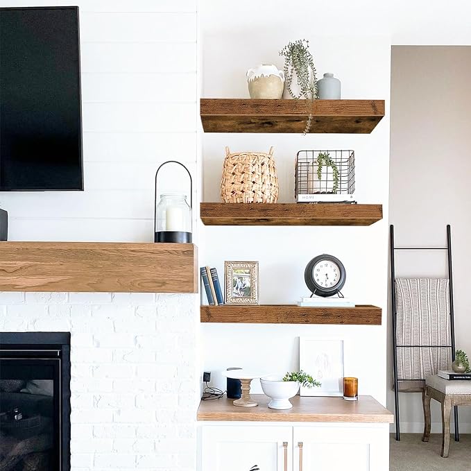 QEEIG Floating Shelves for Wall Bathroom Shelf Bedroom Kitchen Living Room Hanging Book Shelves Small Farmhouse Decor 16 inch Set of 3, Rustic Brown (015-BN3)