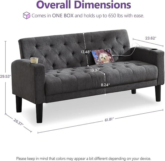 TYBOATLE 62" W Loveseat Sofa w/ 2 USB Charger Ports and 2 Cupholders, Mid-Century Modern Tufted Linen Fabric Small Love Seat Couches for Compact Living Room, Bedroom, Apartment, Dorm (1, Dark Grey)
