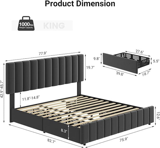 IDEALHOUSE King Linen Upholstered Bed Frame with 4 Storage Drawers, Adjustable Headboard and Wooden Slats Support, No Box Spring Needed, Grey